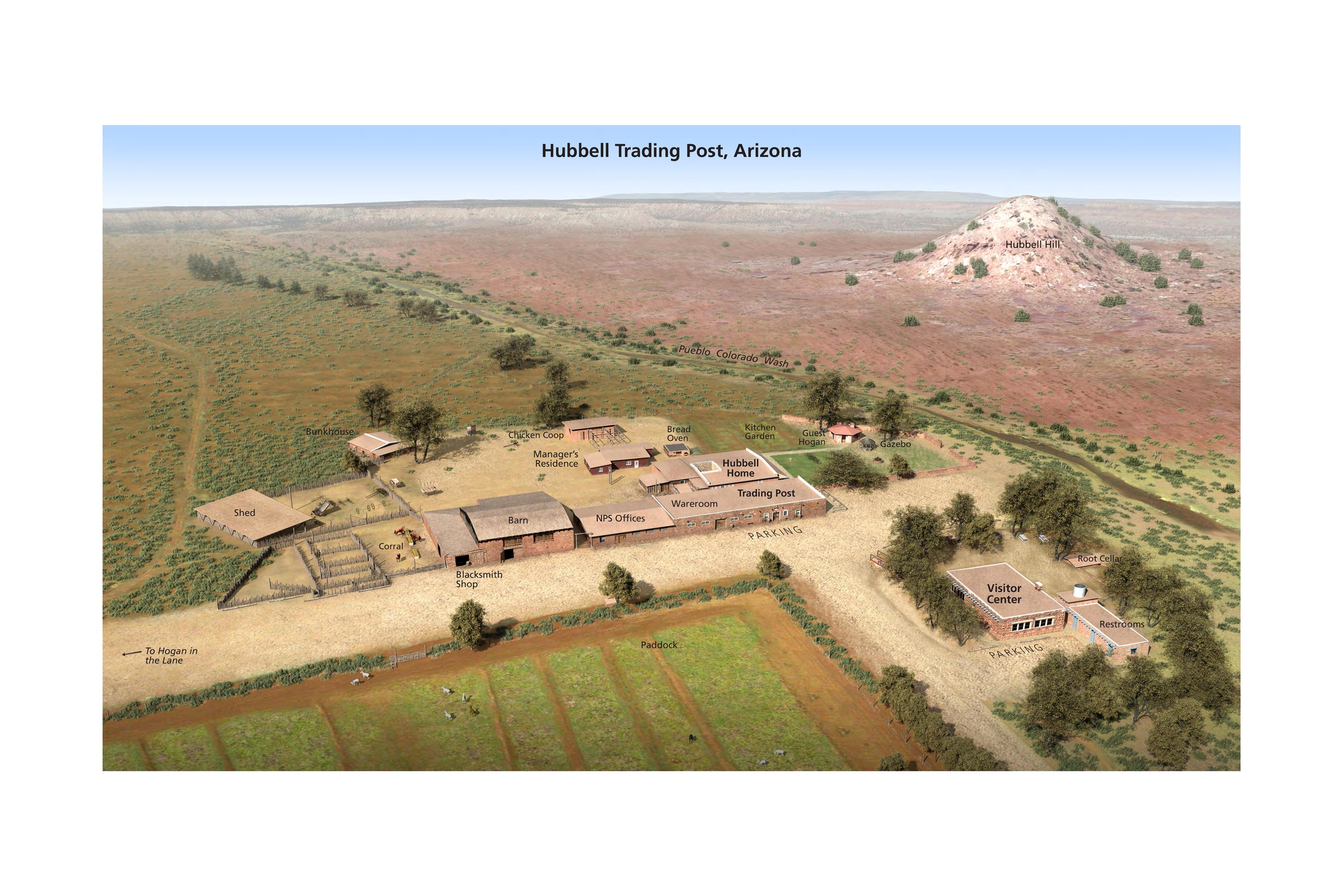 3D site rendering of Hubbell Trading Post National Historic Site in Arizona. Labeled buildings line a dirt road that runs diagonally along a grassy paddock where animals roam.