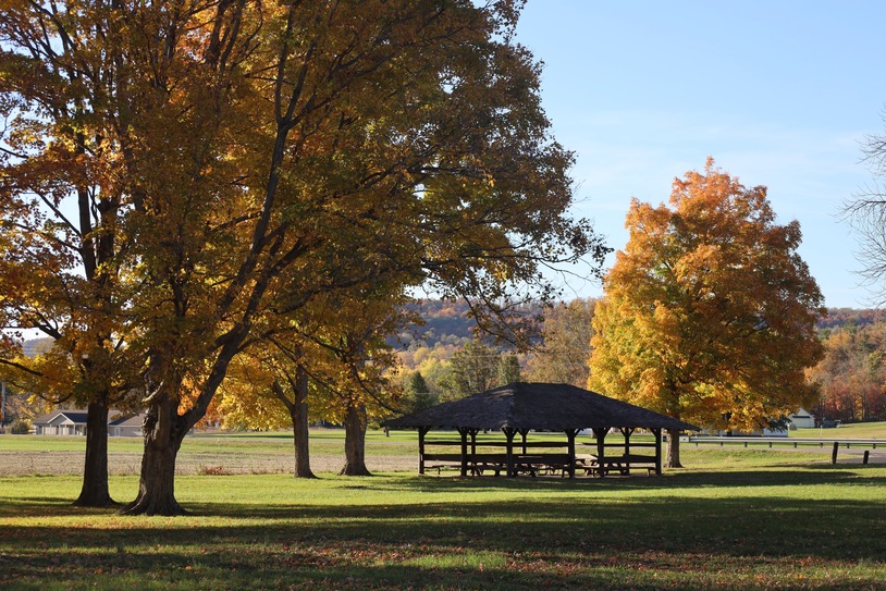 Shelter house at Seip surrounded by Fall foliage in shade
