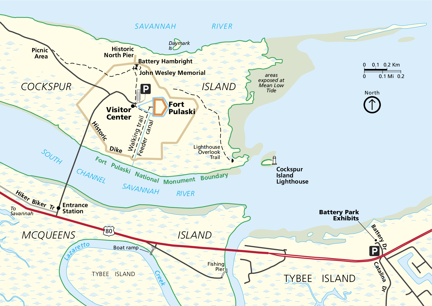 Map of Fort Pulaski National Monument in Georgia. The Savannah River and its connecting waterways are indicated in blue and the landforms of Cockspur Island, Tybee Island, and McQueens Island in off-white mostly patterned with pale blue diamonds, representing wetlands.