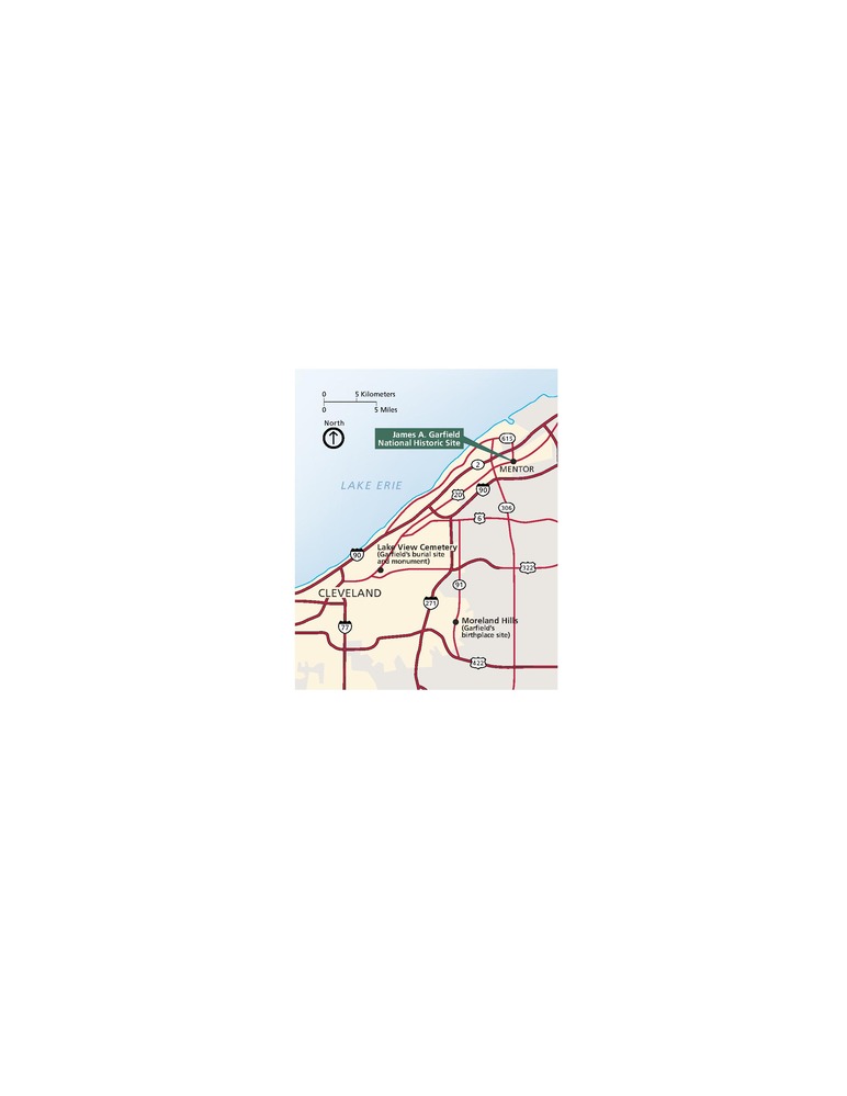 Map of James A. Garfield National Historic Site in Ohio. The site sits in the city of Mentor, above Cleveland and near Lake Erie, which cuts diagonally across the map as a blue triangle. The land is shaped like a parallelogram. Park areas are beige around Cleveland and Mentor, and surrounding land is gray.