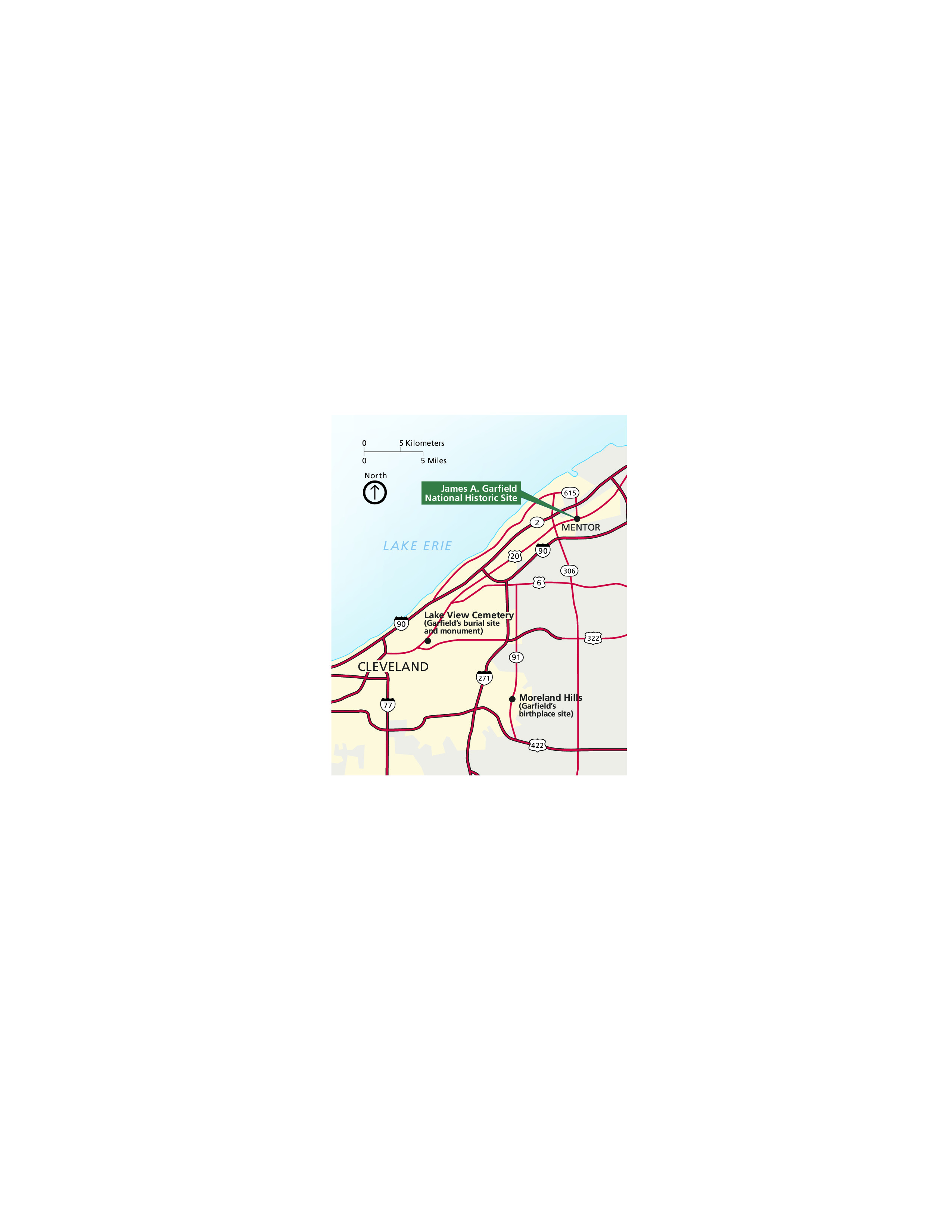 Map of James A. Garfield National Historic Site in Ohio. The site sits in the city of Mentor, above Cleveland and near Lake Erie, which cuts diagonally across the map as a blue triangle. The land is shaped like a parallelogram. Park areas are beige around Cleveland and Mentor, and surrounding land is gray.
