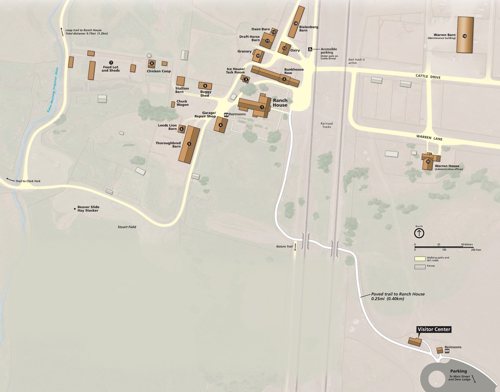 Map of Grant-Kohrs Ranch National Historic Site in Montana. Buildings and sites are shown in brown, some paths in yellow, a paved trail in white, and the surrounding terrain in faded beige and green. Sixteen sites are numbered.
