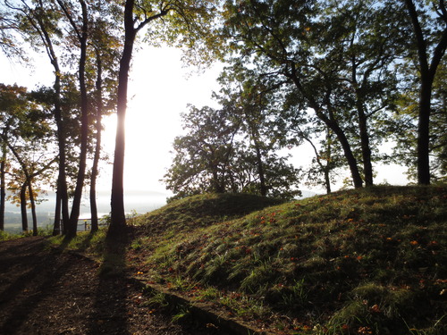 Tall conical mounds in early morning along ridgeline. 