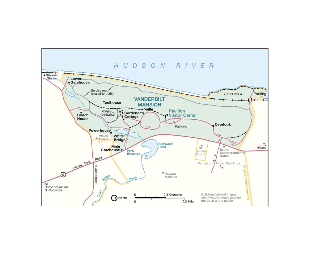 Map of Vanderbilt Mansion National Historic Site in New York. The park is shown in green with the surrounding area in beige. Roads are represented by red lines and trails by black dashed lines. The original estate boundary is a yellow solid line.