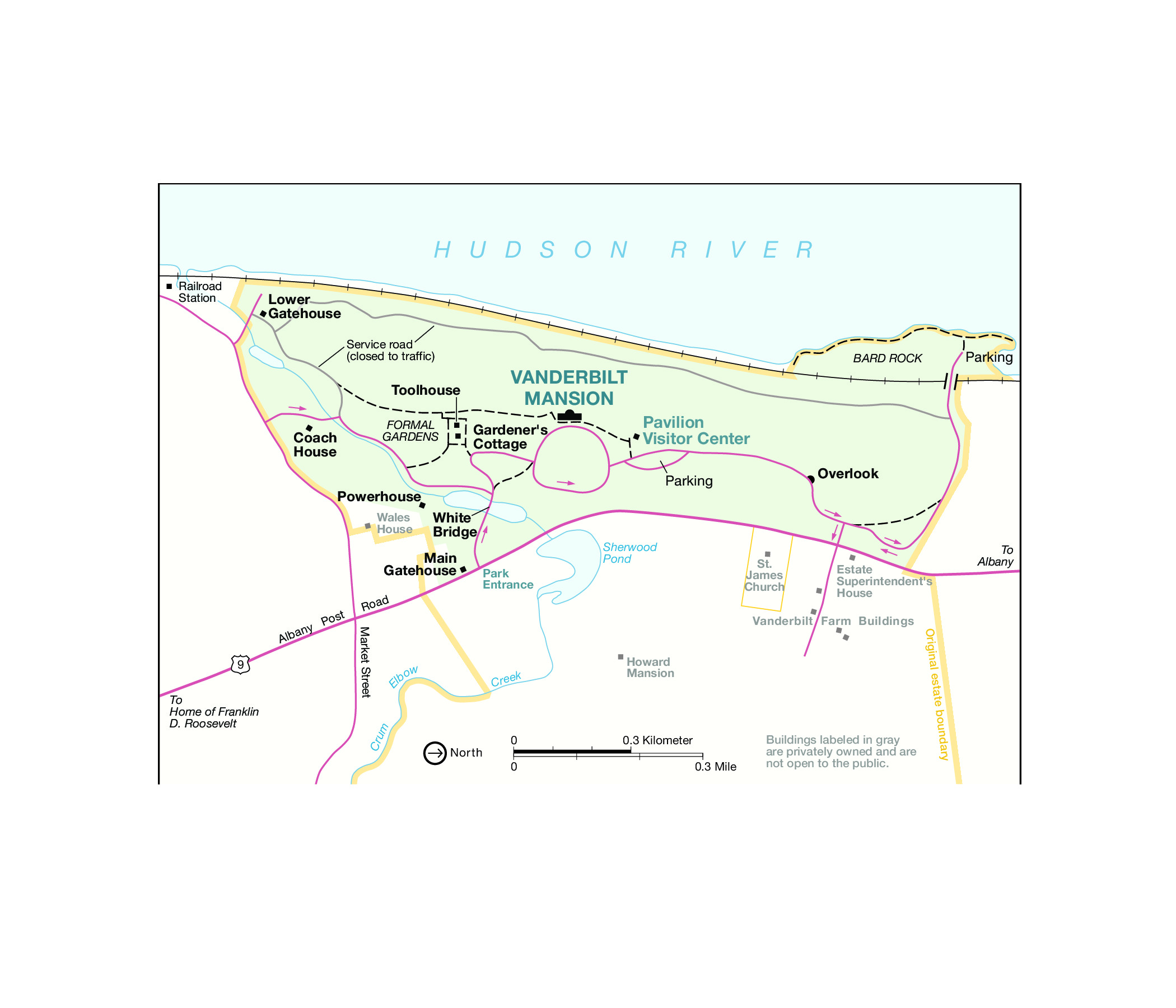 Map of Vanderbilt Mansion National Historic Site in New York. The park is shown in green with the surrounding area in beige. Roads are represented by red lines and trails by black dashed lines. The original estate boundary is a yellow solid line.