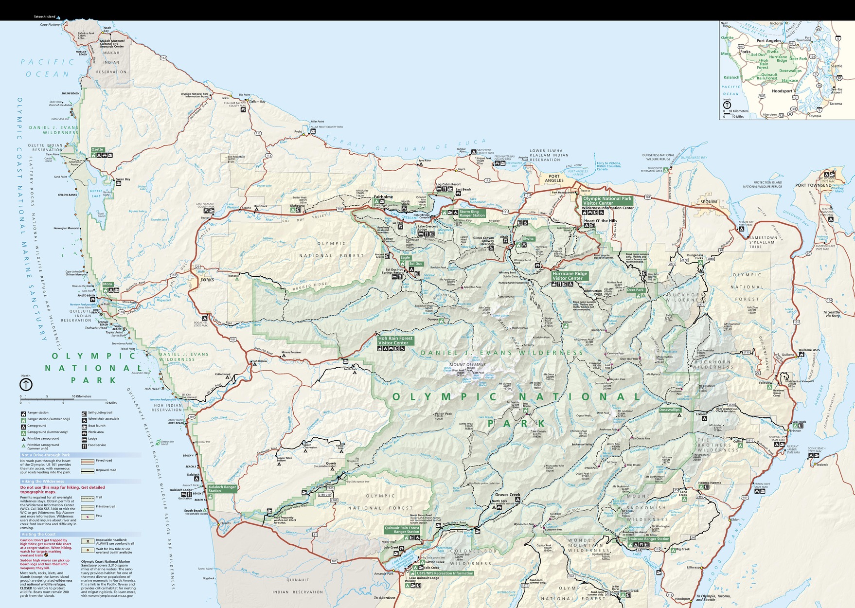 Map of Olympic National Park in Washington. The park is outlined and shaded in green. Surrounding wildernesses, national forests, and reservations are shaded in tones of tan, beige, and silvery gray.