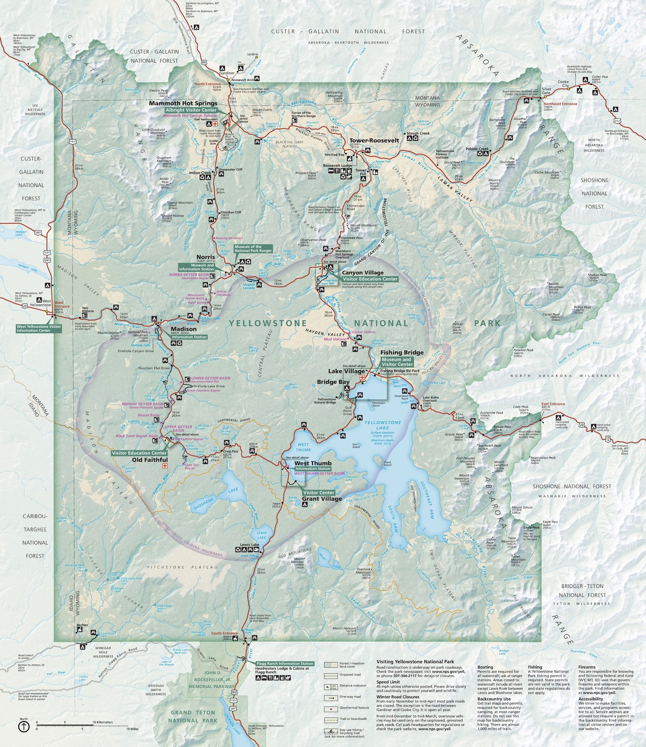 Map of Yellowstone National Park, which is almost square and located mostly in Wyoming. Park boundaries are lined with darker green around the green park. Water in the lakes and rivers are blue, and the surrounding terrain is frosty pale green. 