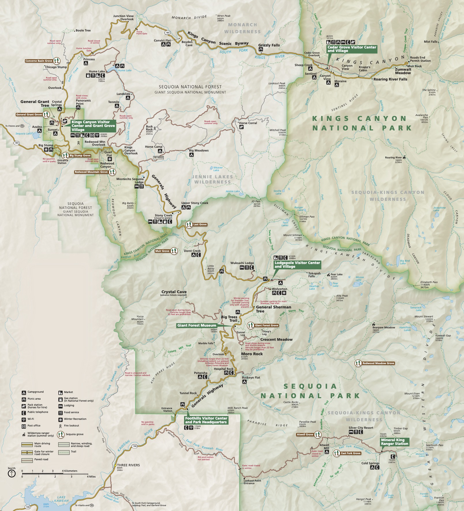 Park map of Sequoia National Park and Kings Canyon National Park in California. Kings Canyon National Park, highlighted olive green, is in two parts: a large, squarish unit at the top right corner of the map, and a small corkscrew shape at the left side of the map. These areas border the northern extent of Sequoia National Park, which extends in pale green across most of the bottom half of the map.
