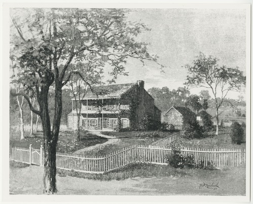 Black and white illustration of a two-story frame house and outbuildings. 