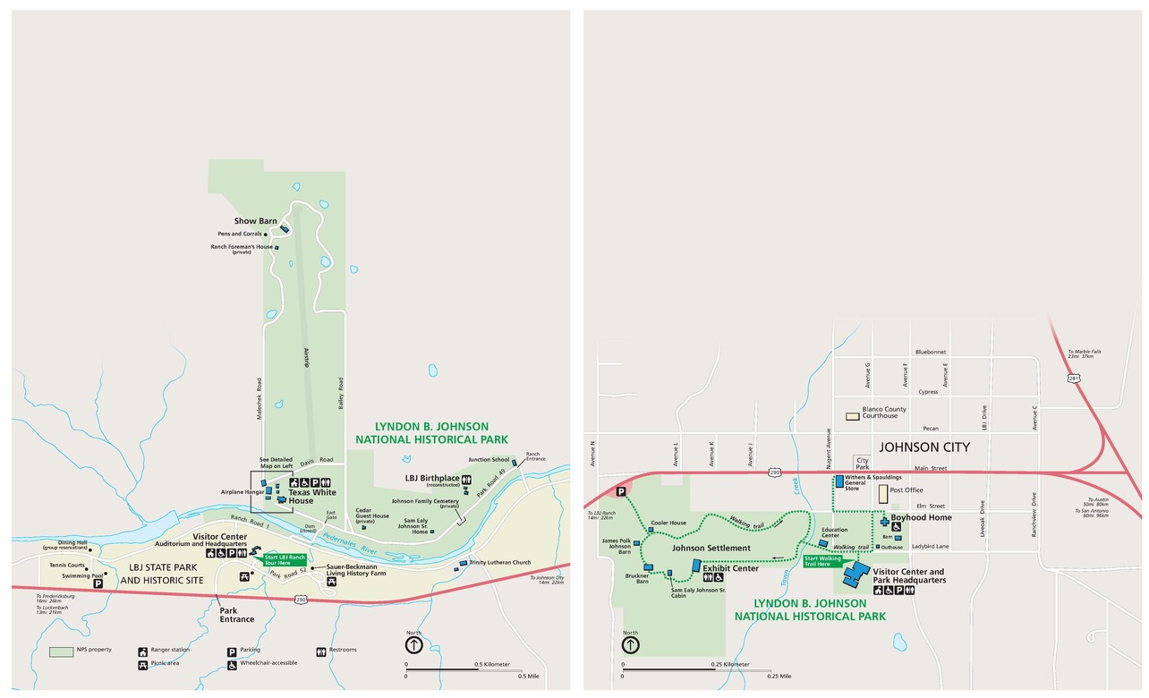 Map of Lyndon B. Johnson National Historical Park in Texas. Two panels show sites that together comprise the LBJ National Historical Park. Park areas are shown in shades of green against a tan background.