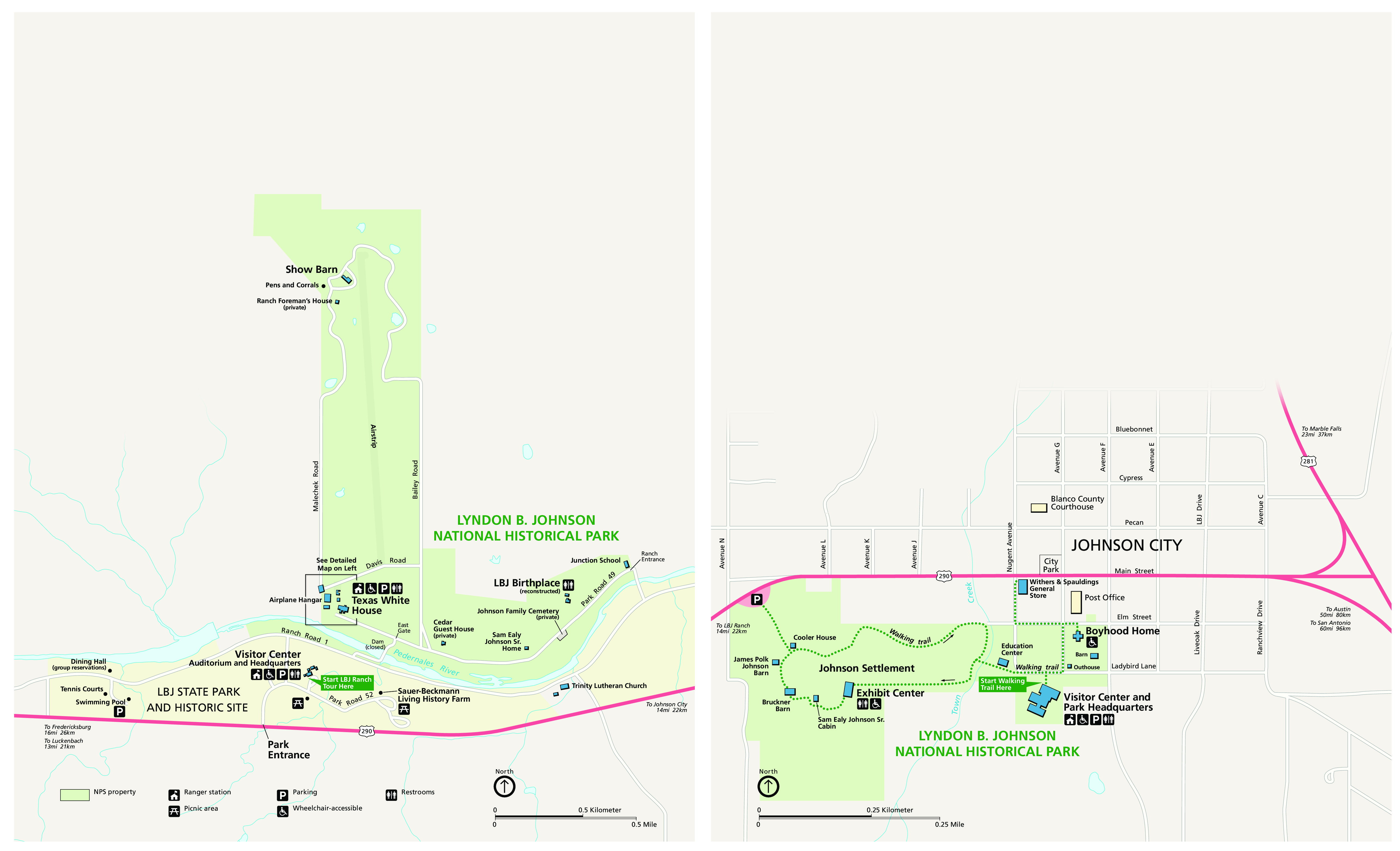 Map of Lyndon B. Johnson National Historical Park in Texas. Two panels show sites that together comprise the LBJ National Historical Park. Park areas are shown in shades of green against a tan background.