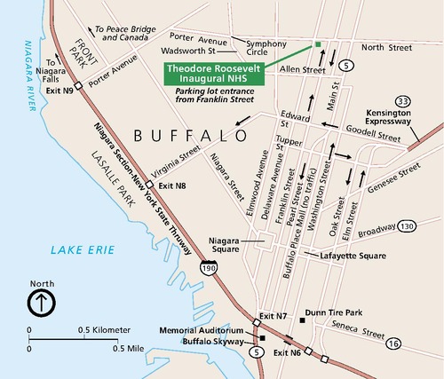 Map of Theodore Roosevelt Inaugural National Historic Site in Buffalo, New York. The historic site is marked with a green square near the upper right corner of the map. The surrounding area is beige with streets represented by white lines and highways in red.