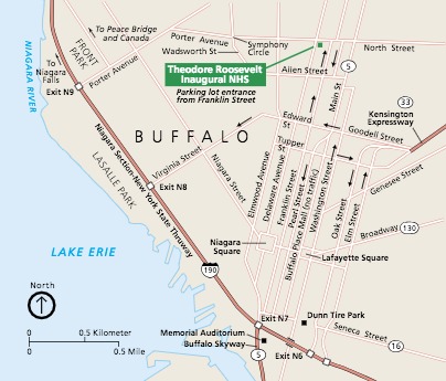 Map of Theodore Roosevelt Inaugural National Historic Site in Buffalo, New York. The historic site is marked with a green square near the upper right corner of the map. The surrounding area is beige with streets represented by white lines and highways in red.