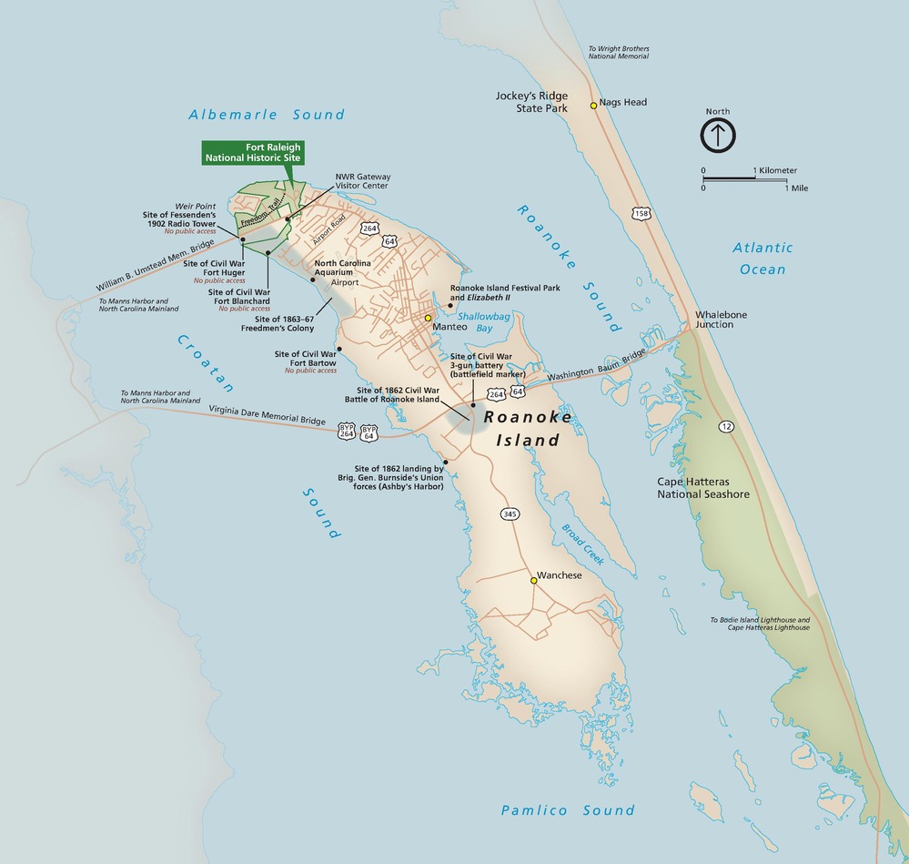 Area map of Fort Raleigh National Historic Site, which sits at the northern tip of Roanoke Island in North Carolina. The island is shaped like an elongated oval. To the east, Cape Hatteras extends down as a narrow barrier between the Roanoke Sound and the Atlantic Ocean. The historic site and Cape Hatteras National Seashore are shaded green, the non-park land is beige, and the water is blue.