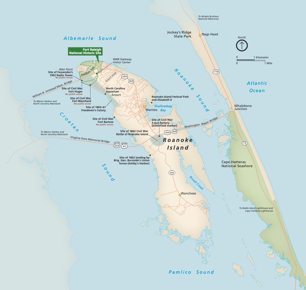 Area map of Fort Raleigh National Historic Site, which sits at the northern tip of Roanoke Island in North Carolina. The island is shaped like an elongated oval. To the east, Cape Hatteras extends down as a narrow barrier between the Roanoke Sound and the Atlantic Ocean. The historic site and Cape Hatteras National Seashore are shaded green, the non-park land is beige, and the water is blue.