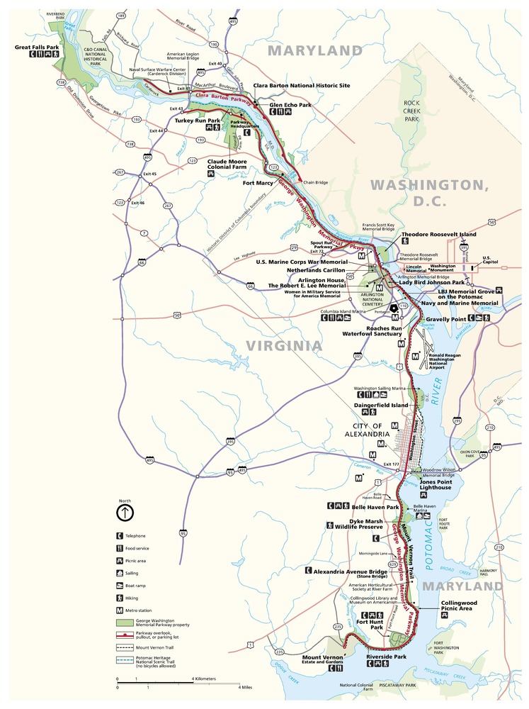 Map of the George Washington Memorial Parkway, which travels through Washington, DC, Maryland, and Virginia. The parkway is indicated with a red line to the west of the Potomac River, which is represented in blue. The surrounding areas are tan.