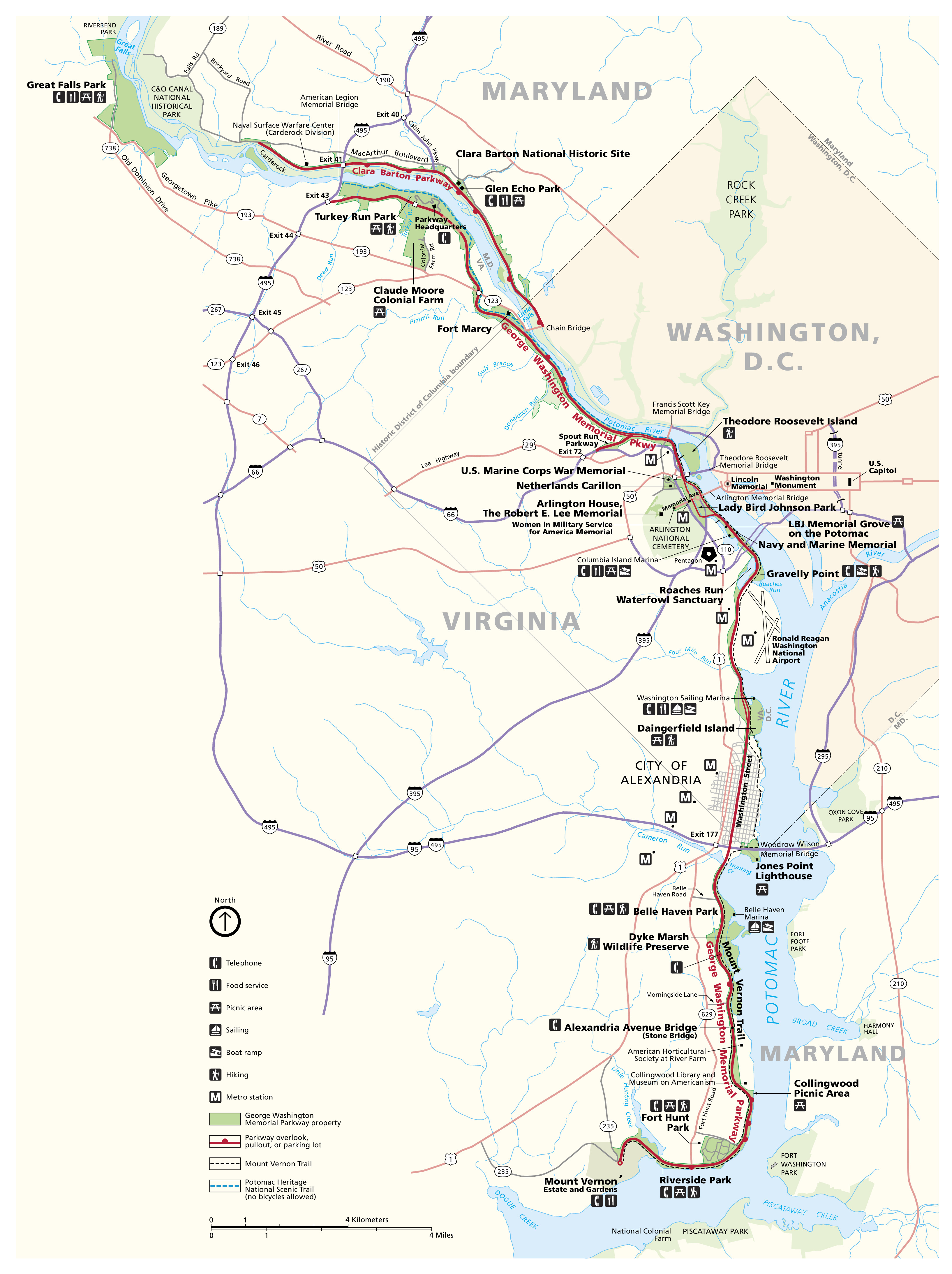 Map of the George Washington Memorial Parkway, which travels through Washington, DC, Maryland, and Virginia. The parkway is indicated with a red line to the west of the Potomac River, which is represented in blue. The surrounding areas are tan.