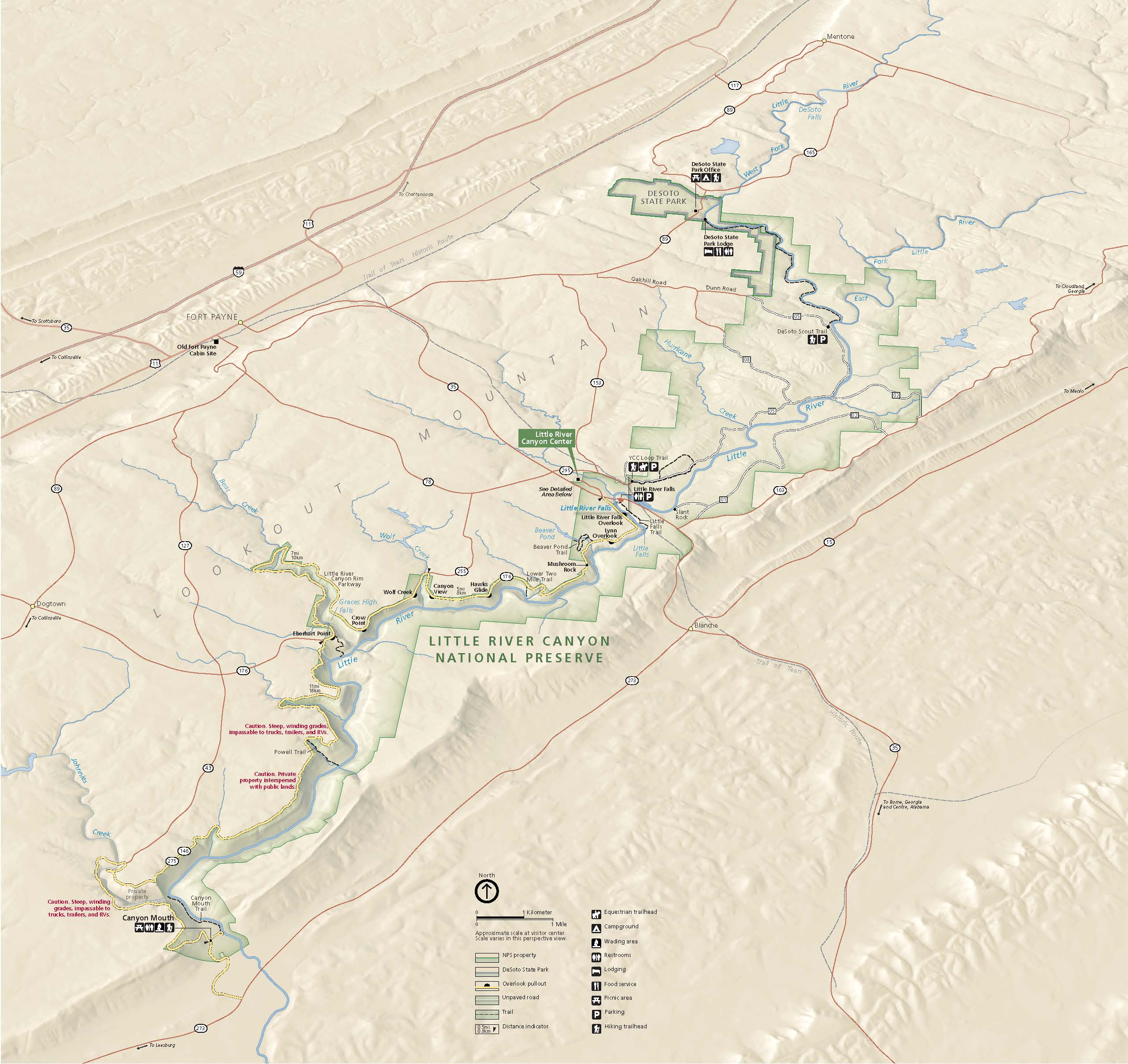 Bird’s eye view map of the long and narrow Little River Canyon National Preserve in Alabama. The edges of this canyon are jagged like pixelation. The park runs southwest to northeast along the meandering Little River. The park is outlined and filled in with green. Rivers are marked with blue, roads with red, and a scenic drive with yellow. 