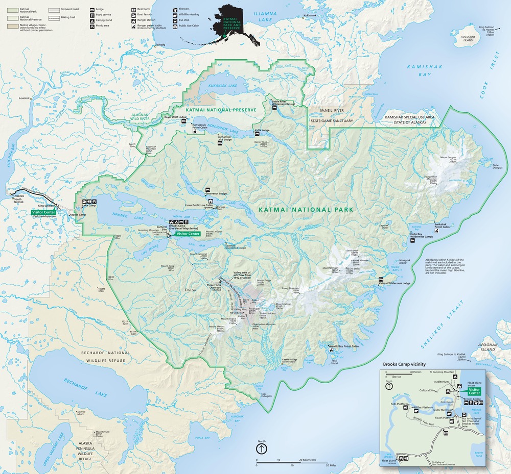 Map of Katmai National Park and Preserve in Alaska. Outlined in bright green, the area stretches along the northeastern edge of the Alaska Peninsula, with the park in sage green and the preserve covering a small pocket to the northwest in pale green.