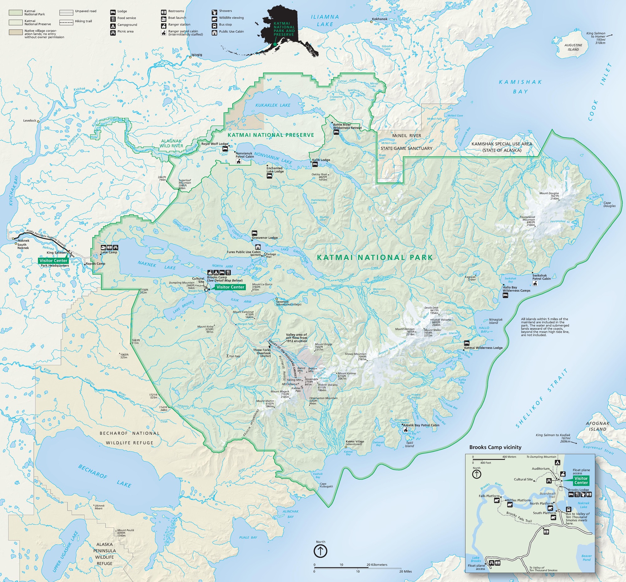 Map of Katmai National Park and Preserve in Alaska. Outlined in bright green, the area stretches along the northeastern edge of the Alaska Peninsula, with the park in sage green and the preserve covering a small pocket to the northwest in pale green.