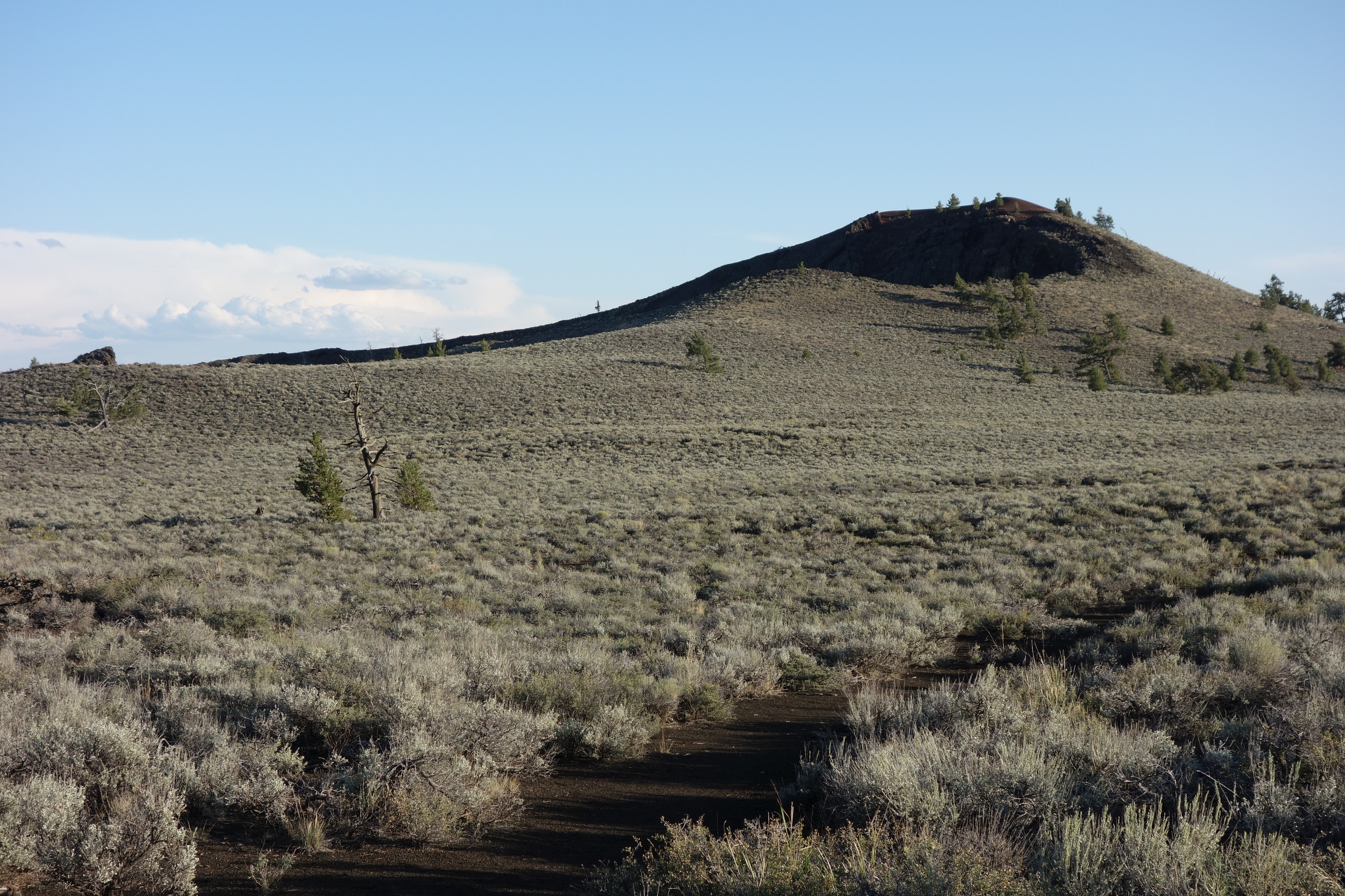 a cinder cone volcano with slopes covered in sagebrush viewed from a trail
