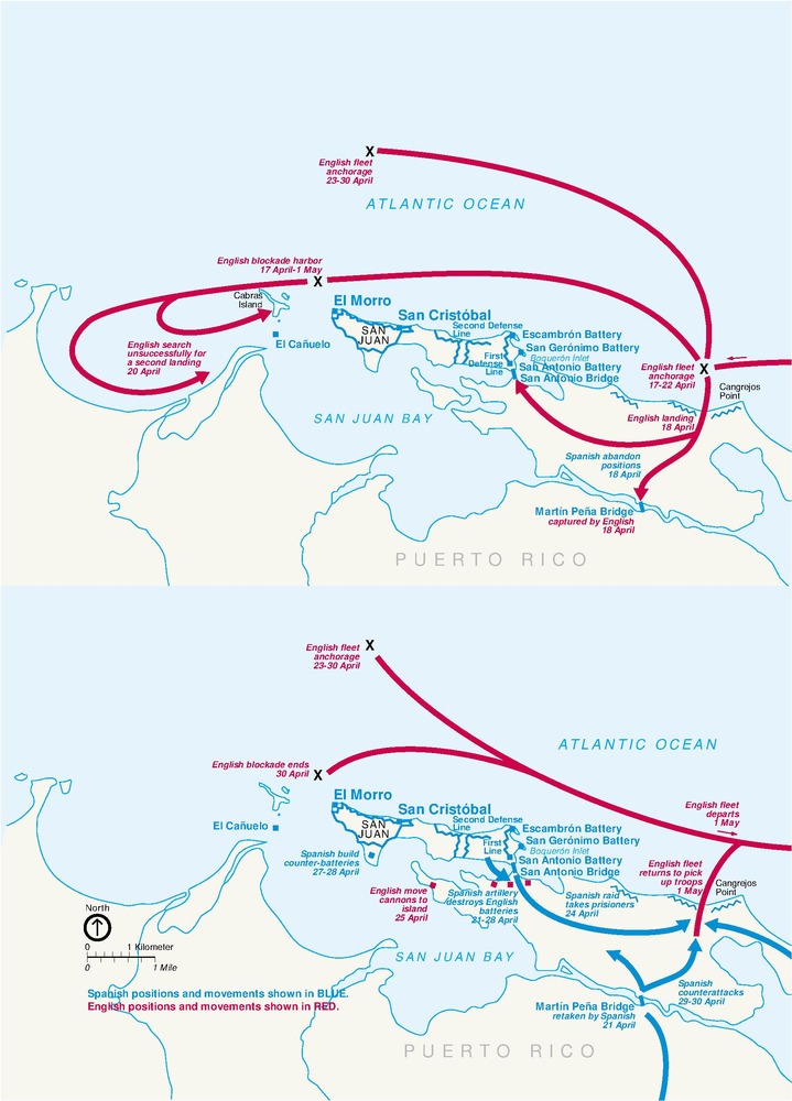 Two maps of the Battle of Abercromby 1797 as part of San Juan National Historic Site in Puerto Rico. San Juan Bay is depicted in pale blue cutting into the coast of Puerto Rico, depicted in white, stretching along the bottom edge of the map. Red and blue arrows swoop and hook through landmarks labeled in blue and red.