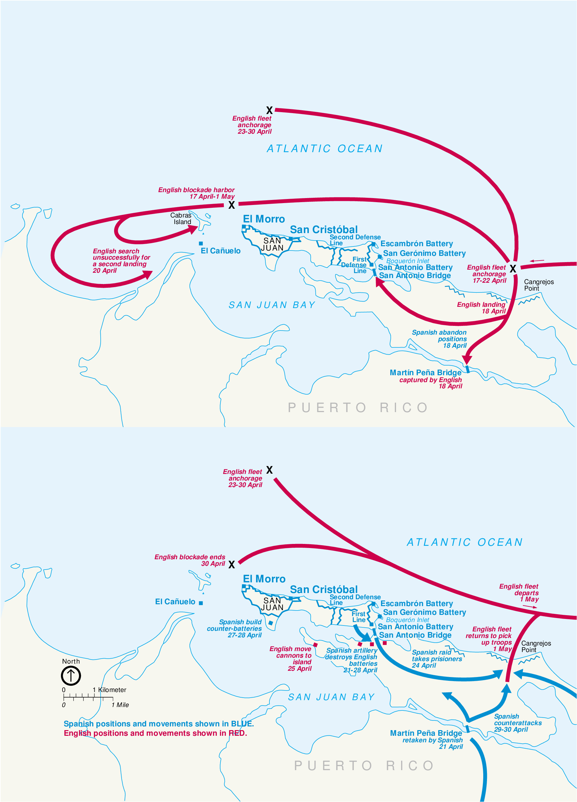 Two maps of the Battle of Abercromby 1797 as part of San Juan National Historic Site in Puerto Rico. San Juan Bay is depicted in pale blue cutting into the coast of Puerto Rico, depicted in white, stretching along the bottom edge of the map. Red and blue arrows swoop and hook through landmarks labeled in blue and red.
