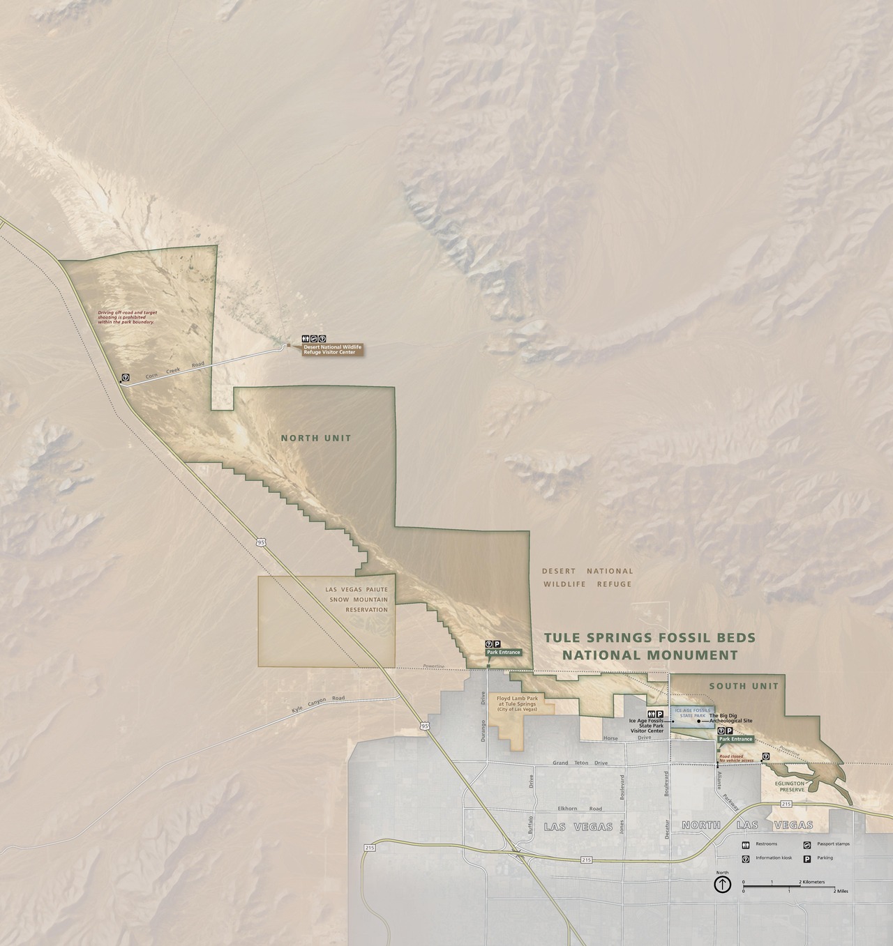 Map of Tule Springs Fossil Beds National Monument in Nevada. Surrounded by desert mountains in tan, the park is shown in darker peanut-brown, and it stretches northwest from Las Vegas in the bottom right almost into the top left corner of the map.