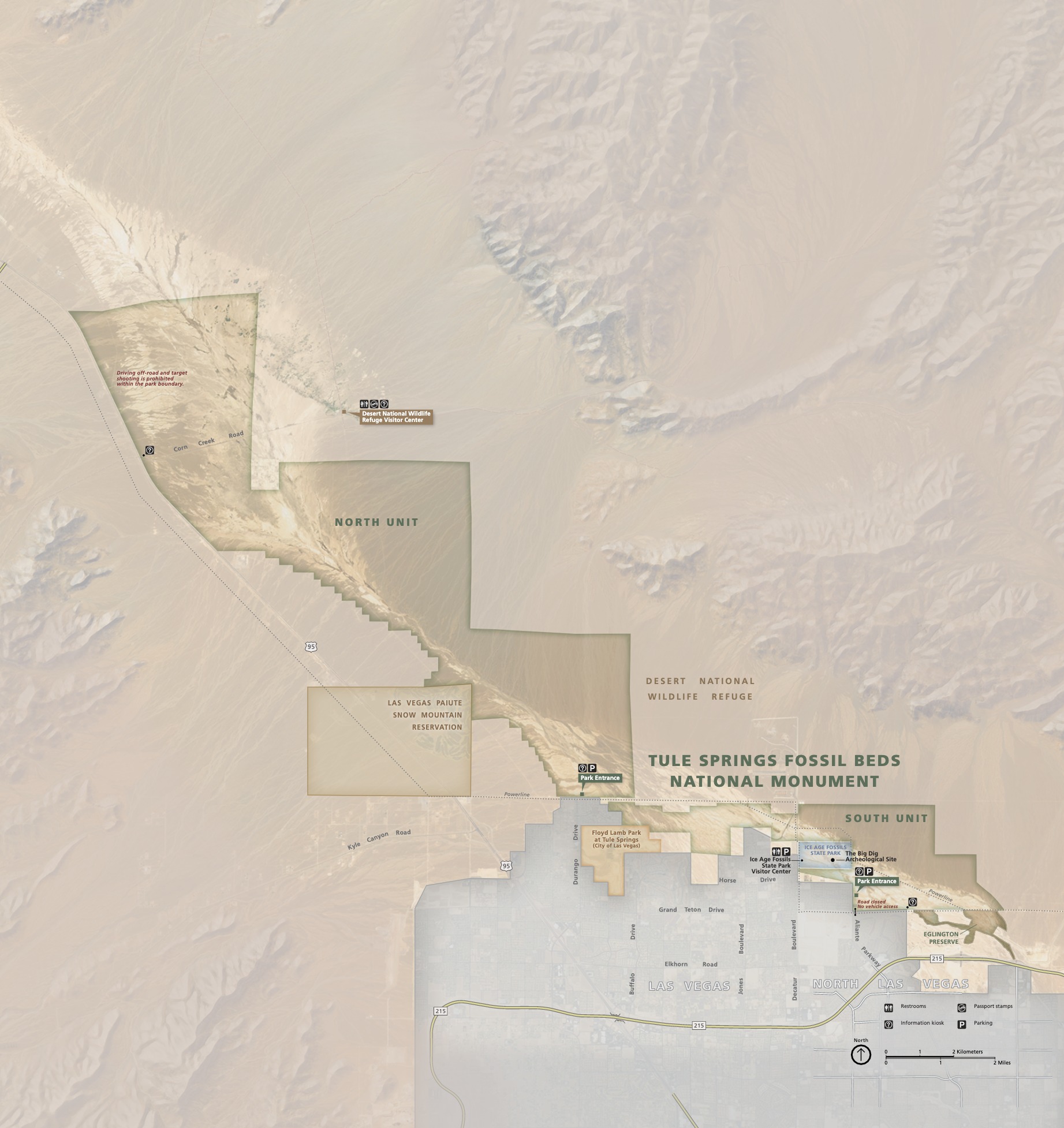 Map of Tule Springs Fossil Beds National Monument in Nevada. Surrounded by desert mountains in tan, the park is shown in darker peanut-brown, and it stretches northwest from Las Vegas in the bottom right almost into the top left corner of the map.