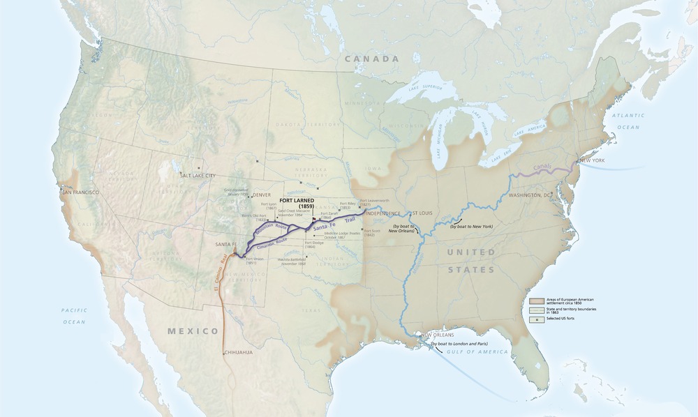 Map of the contiguous United States with some areas shaded in brown or terrain represented in natural but faded greens and browns.