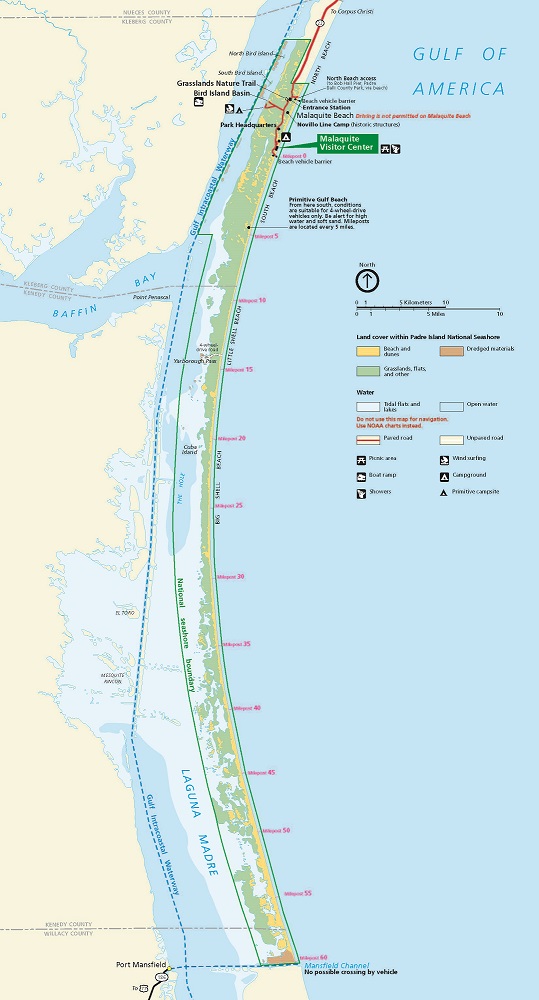 Map of Padre Island National Seashore in Texas. The long, narrow park curves like a parenthesis close to the coastline of Texas in the Gulf of America. Texas is shown in beige and county lines are shown in gray.