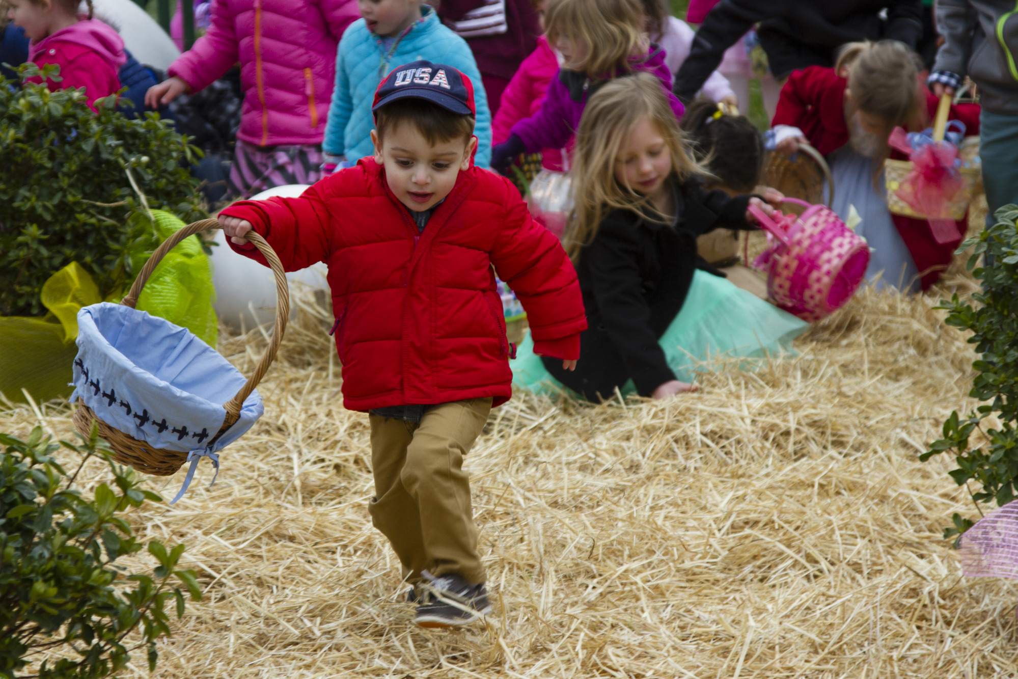 A young child hunts for eggs. 