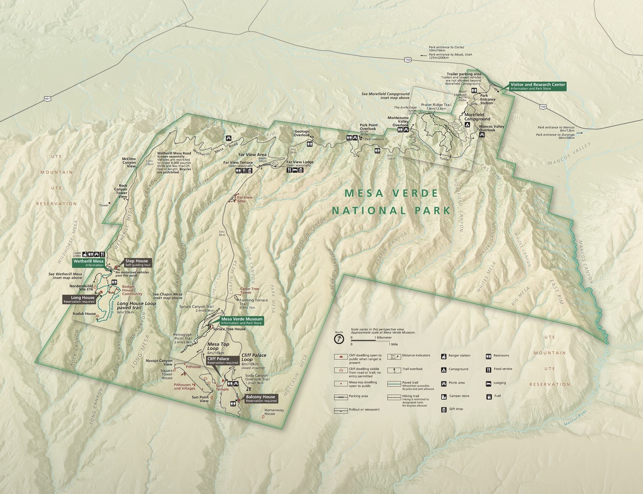 Map of Mesa Verde National Park in Colorado. Ute Mountain Ute Reservation runs north to south through the park, whose boundaries are outlined in green. The terrain is rendered in perspective and is shaded tan and green.