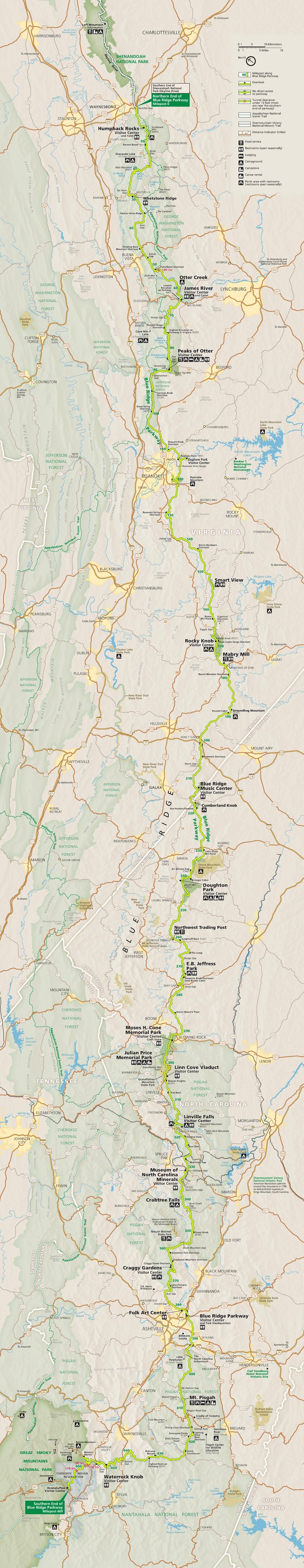 Map of Blue Ridge Parkway, which spans Virginia and North Carolina. The parkway is shown as a yellow line cased in green that winds south and slightly west through towns and national forests. Parks are shaded in green, towns in yellow, surrounding areas in tan, and roads in shades of brown.