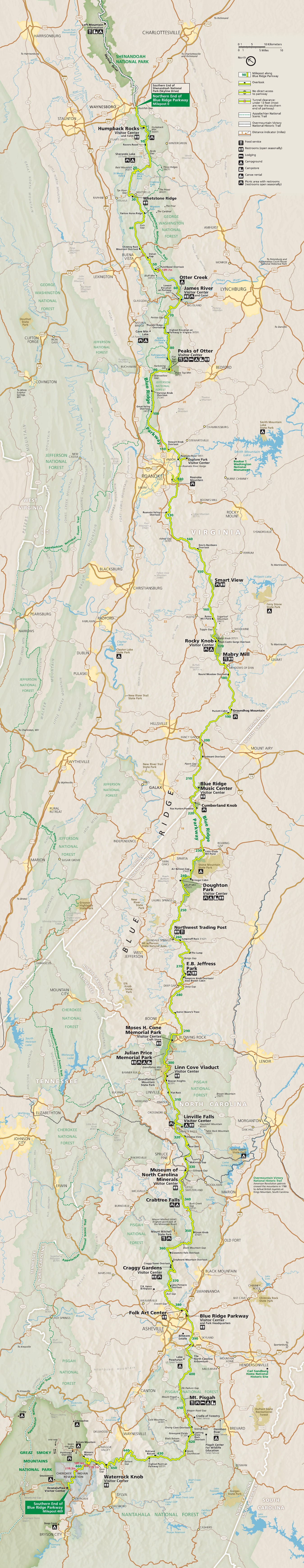 Map of Blue Ridge Parkway, which spans Virginia and North Carolina. The parkway is shown as a yellow line cased in green that winds south and slightly west through towns and national forests. Parks are shaded in green, towns in yellow, surrounding areas in tan, and roads in shades of brown.