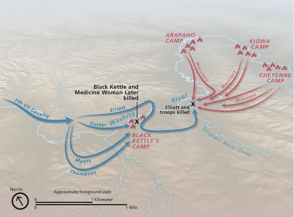 Battle map depicting the November 27, 1868, battle of Washita. The Washita River snakes across the middle of the map, and the land is marked up with blue arrows for US troops and red arrows for American Indians.