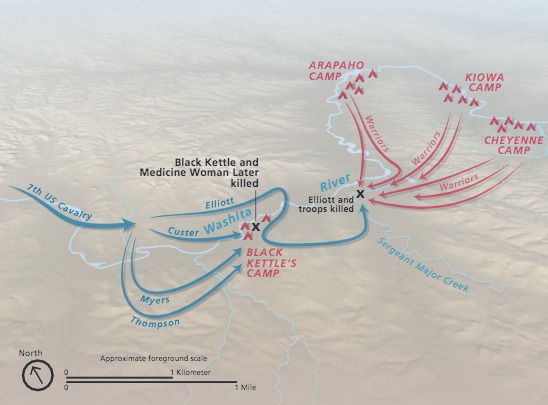 Battle map depicting the November 27, 1868, battle of Washita. The Washita River snakes across the middle of the map, and the land is marked up with blue arrows for US troops and red arrows for American Indians.