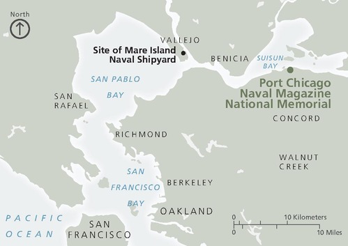 Map of Port Chicago Naval Magazine National Memorial in California. The land is shown in eucalyptus green and the bays and Pacific Ocean as ice blue.