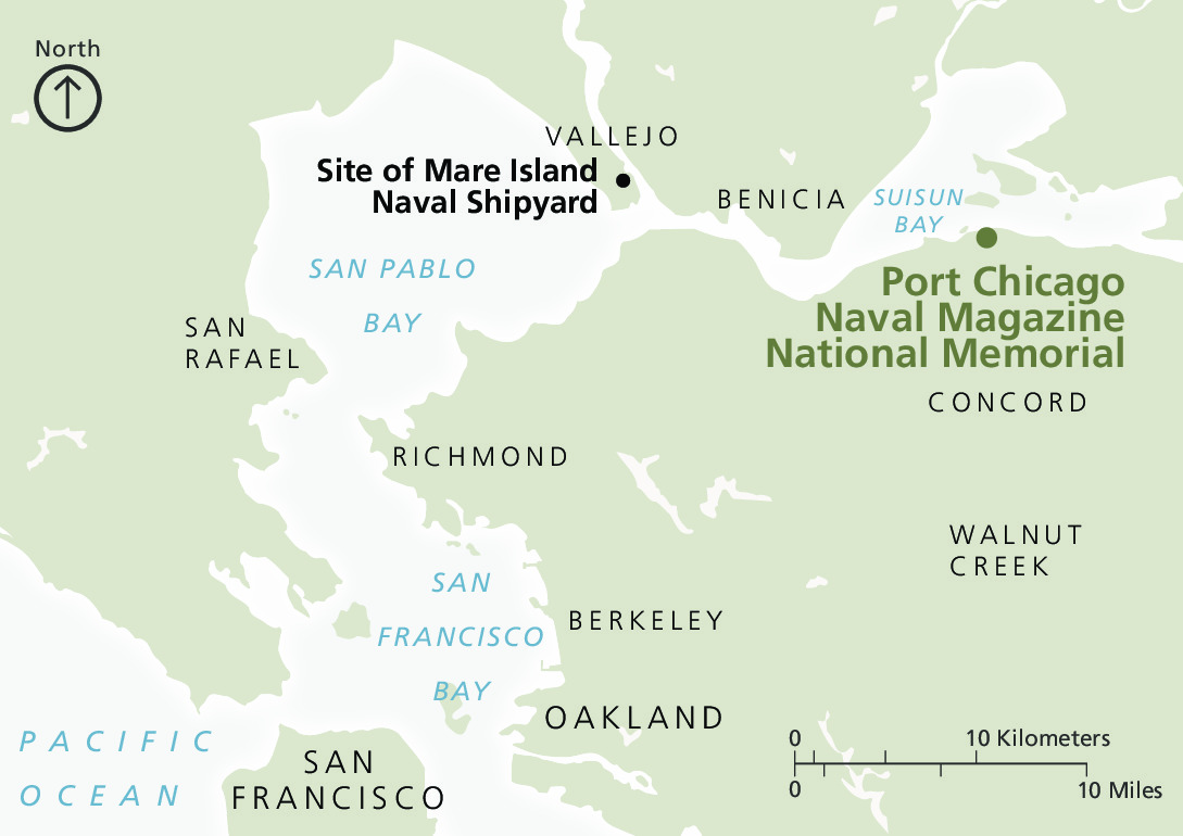 Map of Port Chicago Naval Magazine National Memorial in California. The land is shown in eucalyptus green and the bays and Pacific Ocean as ice blue.