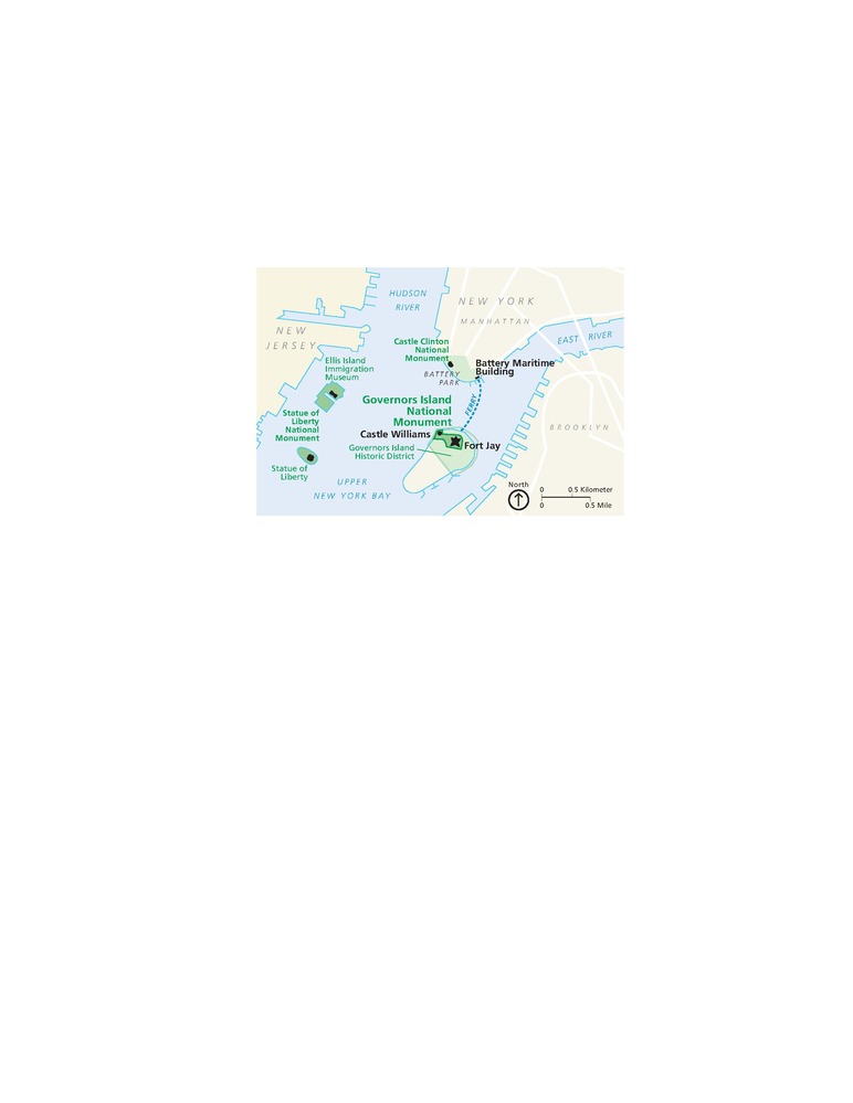 Area map of Governors Island National Monument in New York. The monument is on an island labeled and shaded in light green with the surrounding land in beige and the river in blue. To the left of the monument are two more islands, also green.