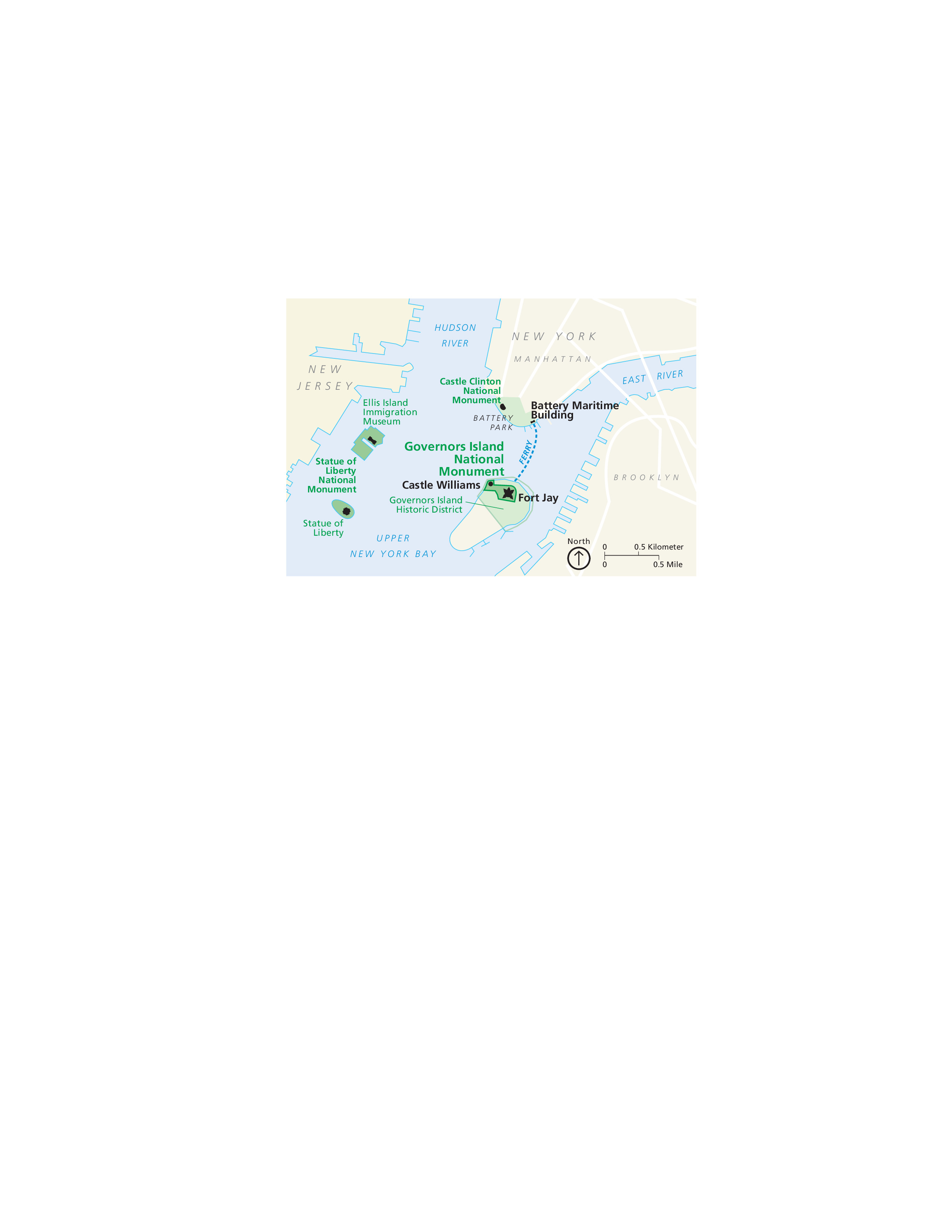 Area map of Governors Island National Monument in New York. The monument is on an island labeled and shaded in light green with the surrounding land in beige and the river in blue. To the left of the monument are two more islands, also green.