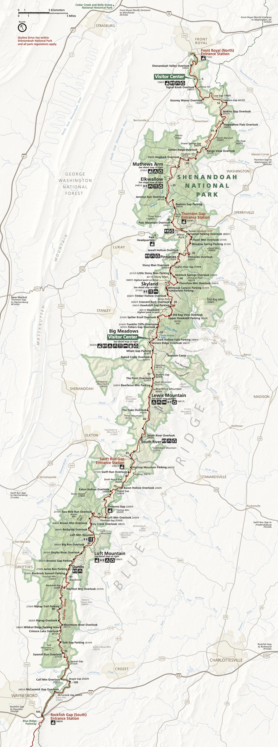 Park map of Shenandoah National Park in Virginia. The park is a long narrow north to south S-curve with rough edges, shaded light green and pale-yellow green. Surrounding areas are white and pale yellow, with major roads noted in light gray.