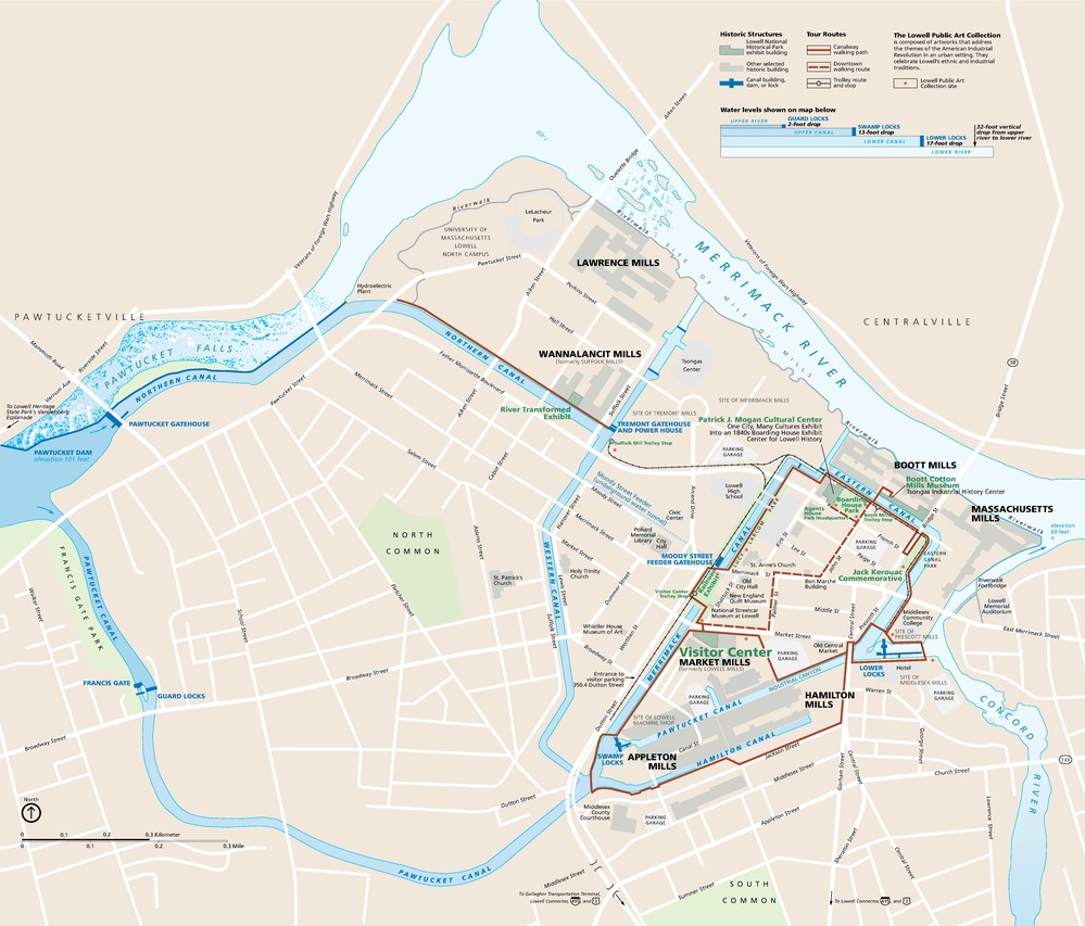 Map of Lowell National Historical Park in Massachusetts. The map is tan with the street grid represented by white lines and trolley lines by notched black lines.