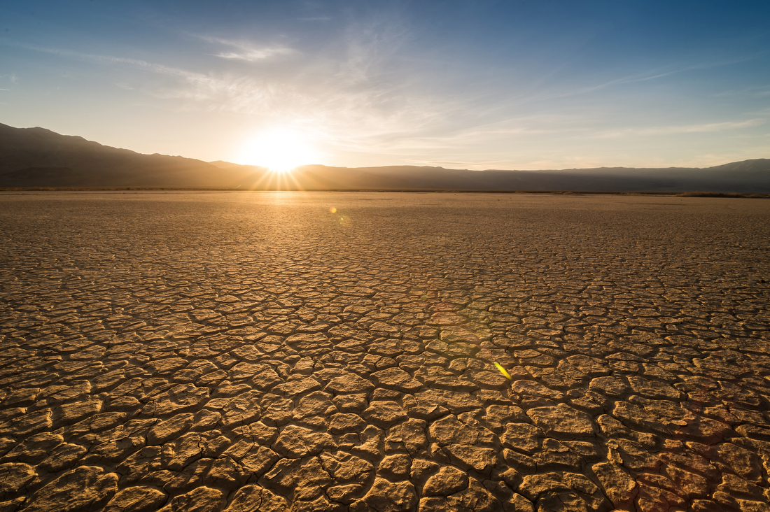 A flat plain of cracked mud bathed in light from a low sun.