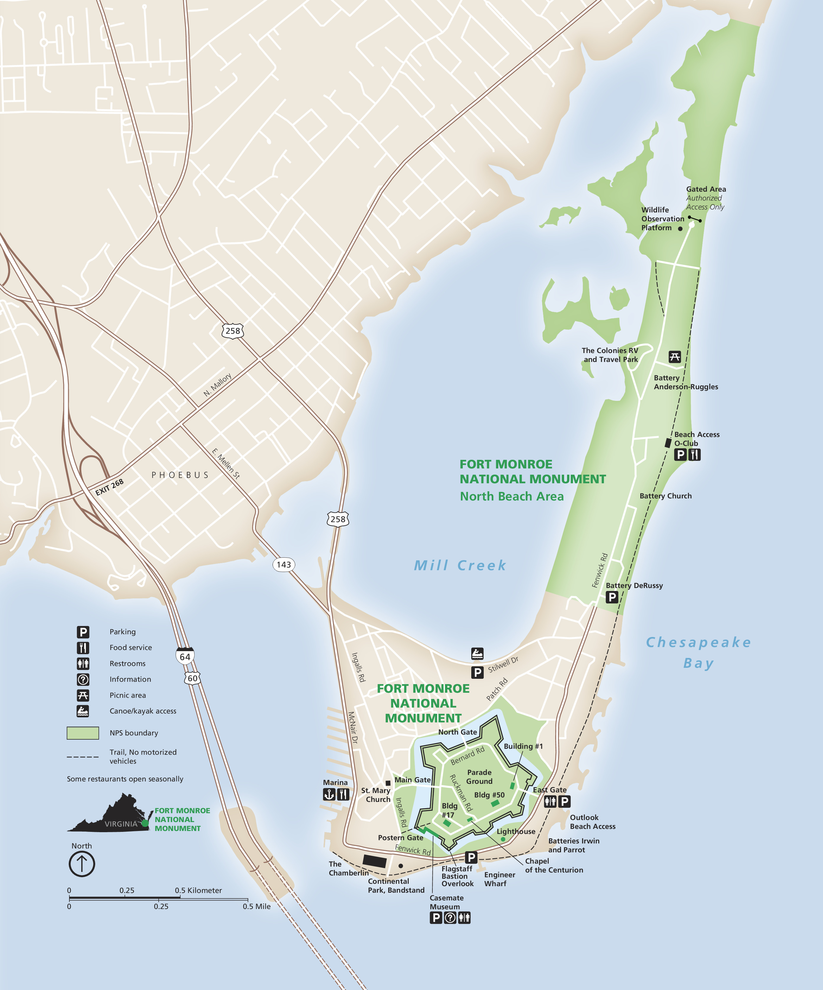 Map of Fort Monroe National Monument in Virginia. Fort Monroe is a peninsula the shape of a checkilometersark off the coast of mainland Virginia, in Chesapeake Bay. Park grounds are shown in pale green. All other lands are beige, and the surrounding waters are pale blue.