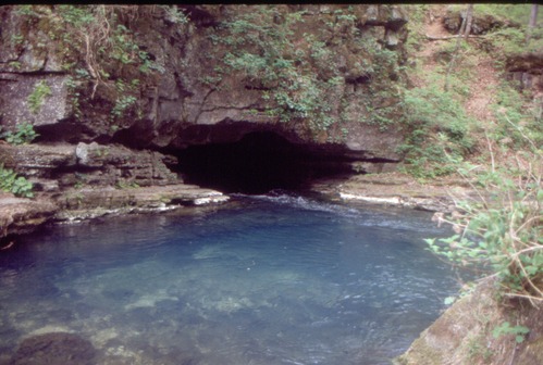 Image of a blue-green spring pouring from a cave opening.