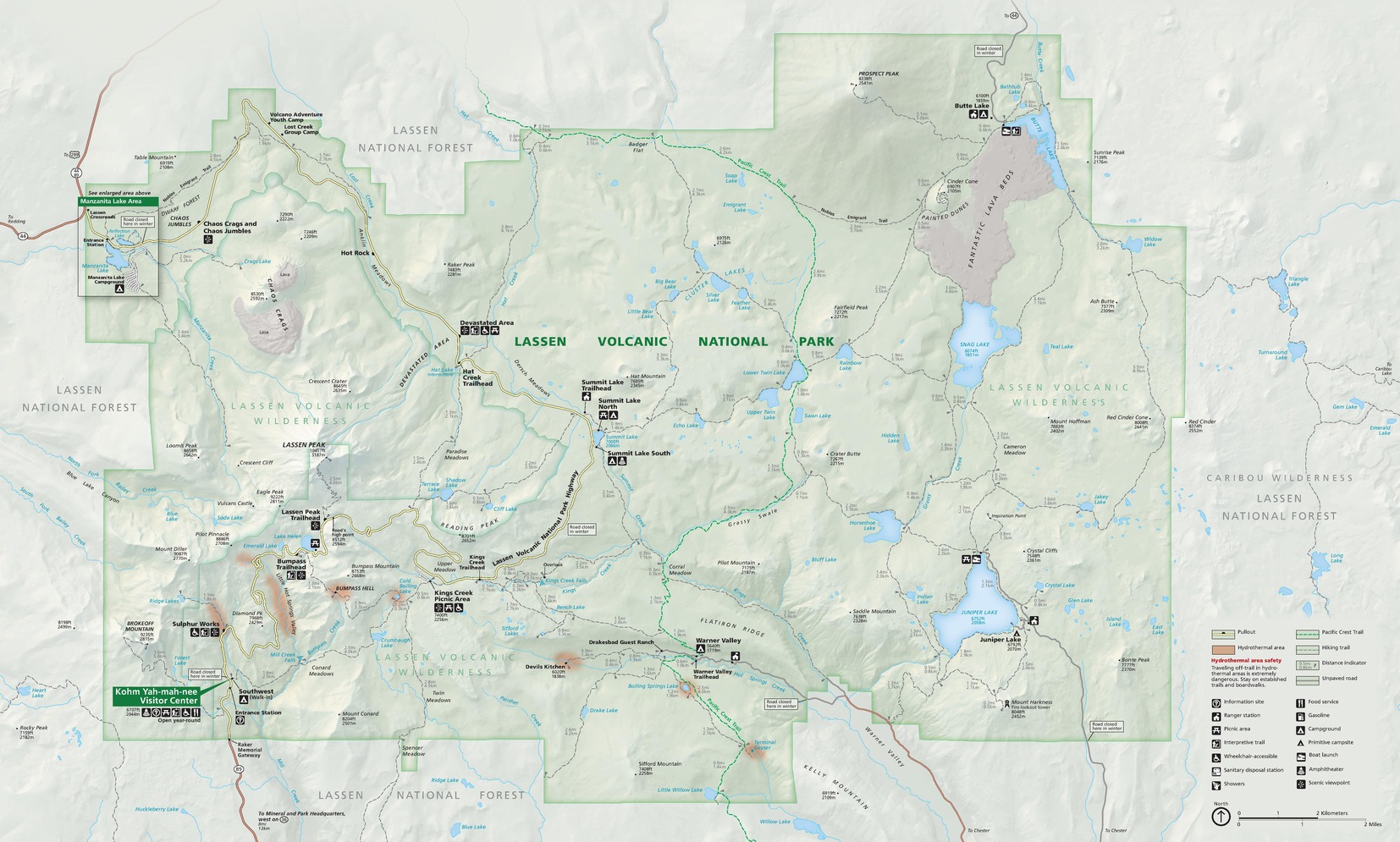 Map of Lassen Volcanic National Park in California. This roughly square territory has stepped edges. The park is shown in soft green and the surrounding terrain in pearlescent white with shading for the topography.