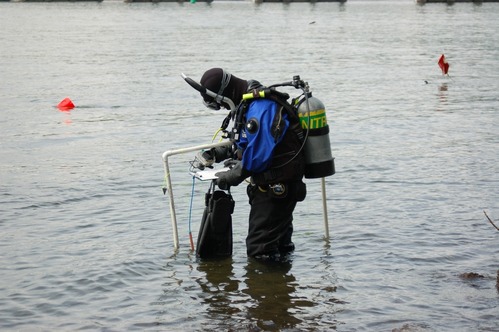 NCRI Archaeologist Jacqueline Marcotte prepares to excavate in the Columbia River. The PVC square under her arm is strung with a cord grid, allowing her to map objects underwater.