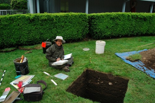 NCRI Archaeologist Jacqueline Cheung tests in front of the Fort Vancouver Visitor Center