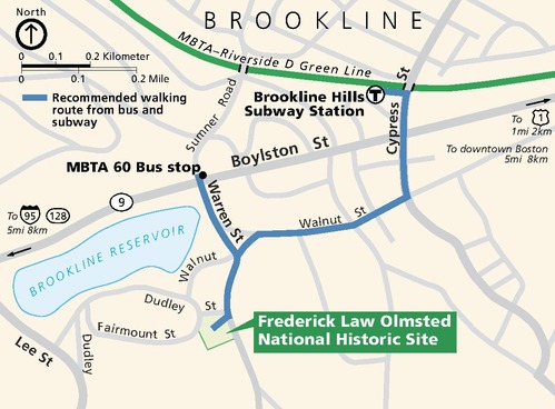 Map of Frederick Law Olmstead National Historic Site in Brookline, Massachusetts. A recommended walking route is shown in blue against streets shown in gray. The historic site is light green, and a dark green line represents the MBTA-Riverside D Green Line along the top edge of the map.